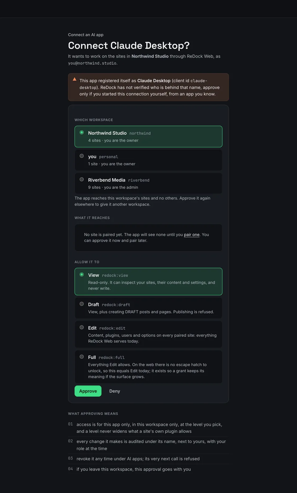 The consent screen in ReDock Web when an AI app asks to connect, the workspace it would get, the sites it would reach, four levels from View to Full with View pre-selected, and what approving means