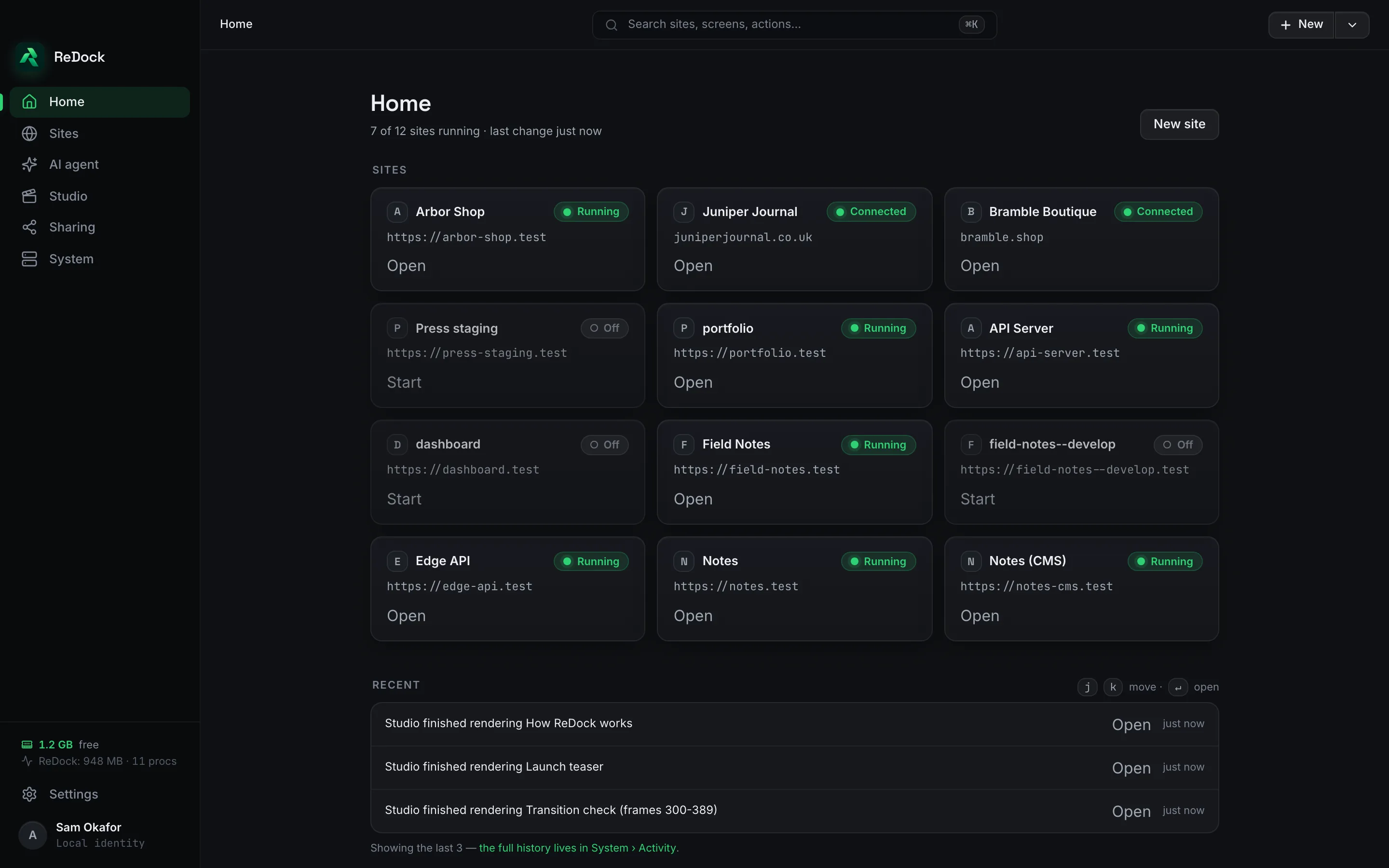 ReDock Desktop, a grid of local sites at https://name.test addresses, each Running or Off