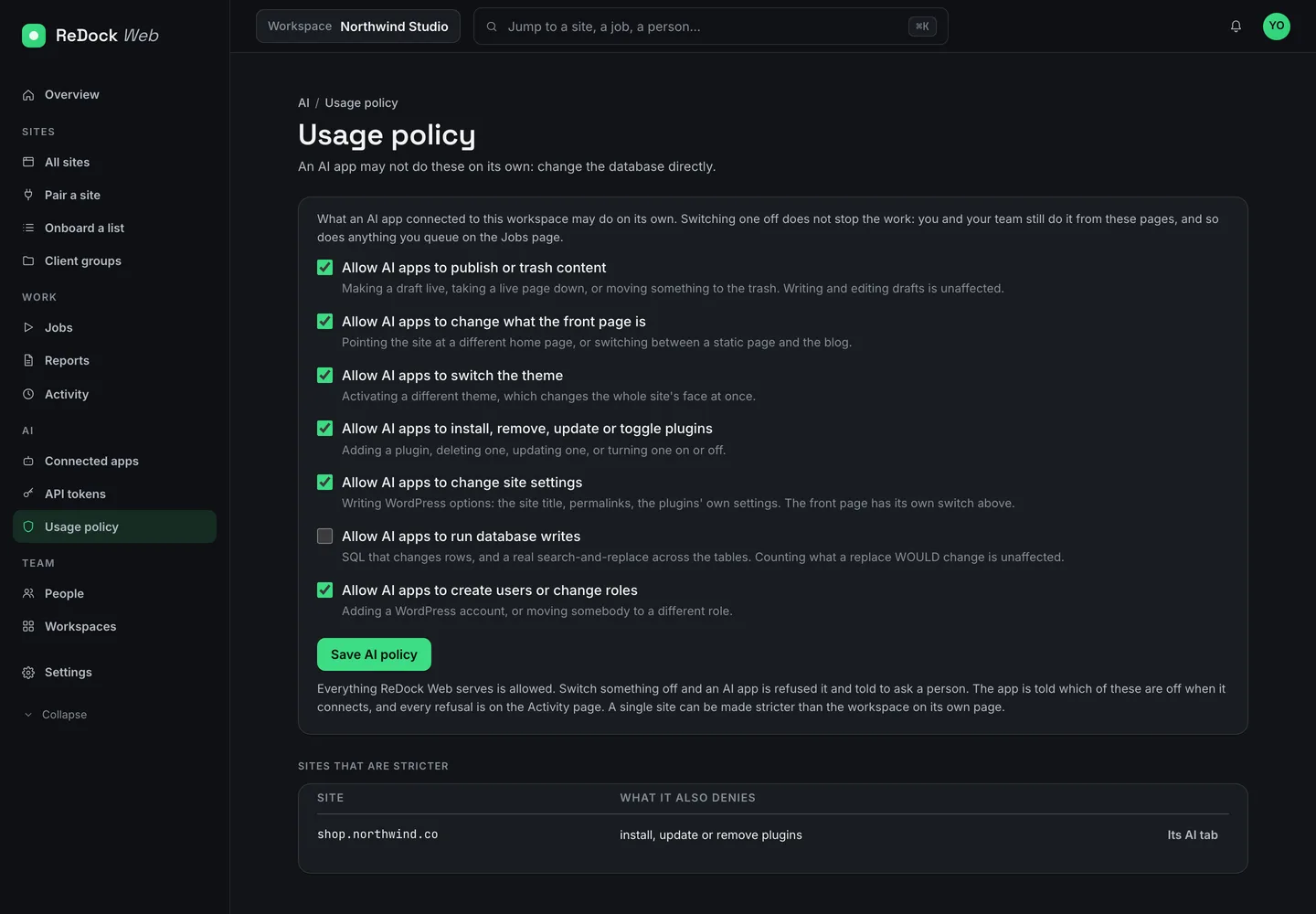The Usage policy page in ReDock Web, seven Allow AI apps switches with database writes turned off, and a table of the sites that are stricter